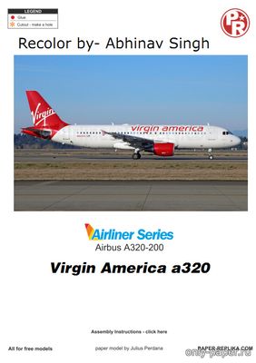 Модель самолета Airbus A320-214 Virgin America из бумаги/картона