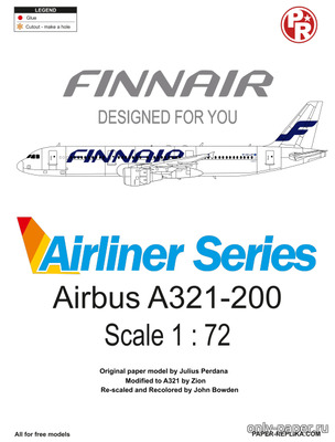 Модель самолета Airbus A321-200 Finnair Airlines из бумаги/картона