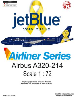 Сборная бумажная модель / scale paper model, papercraft Airbus A320-214 jetBlue Vets in Blue (Переработка Paper-Replika) 
