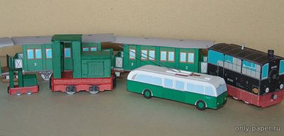 Сборная бумажная модель / scale paper model, papercraft Немецкий паровой трамвай Краусс, троллейбус и грузовой локомотив 