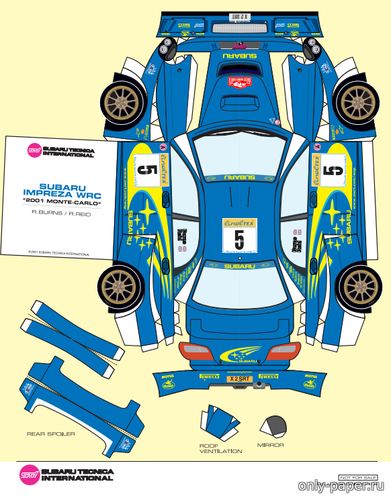 Сборная бумажная модель / scale paper model, papercraft Subaru Impreza WRC 2001 Rallye Monte-Carlo R.Burns / R.Reid 