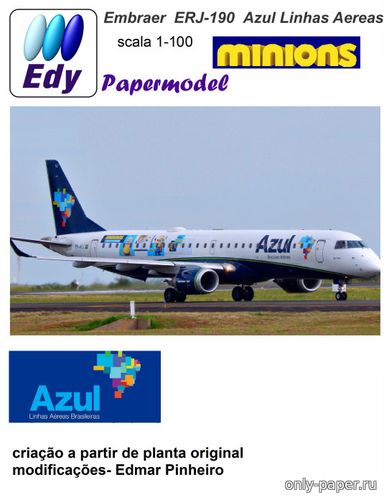 Модель самолета Embraer ERJ-195 Azul Minions из бумаги/картона