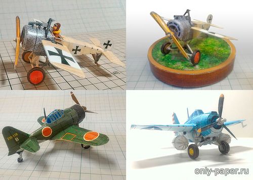 Сборная бумажная модель / scale paper model, papercraft 3 истребителя в стиле "Чиби" - Fokker E.III, Grumman-F4F Wildcat, Mitsubishi A6M2 