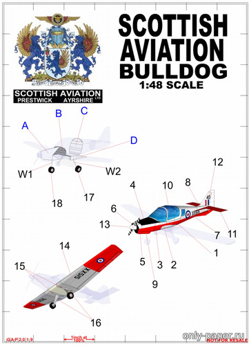 Модель самолета Scottish Aviation Bulldog из бумаги/картона