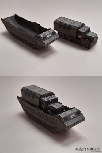 Сборная бумажная модель / scale paper model, papercraft Плавающий транспортёр ПТС-2 и грузовик ЗиЛ-131 с кунгом (Перекрас PR Models) 