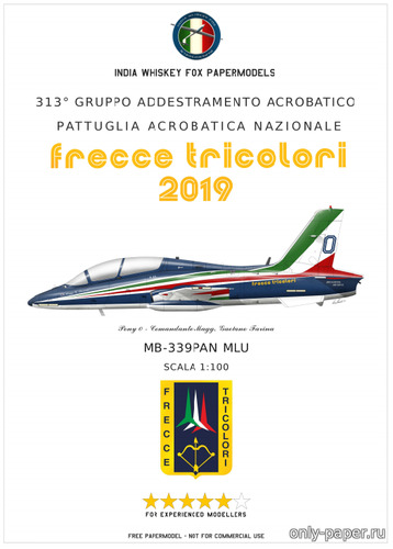 Сборная бумажная модель / scale paper model, papercraft Italian Air Force Frecce Tricolori Aermacchi MB-339 PAN (India Whiskey Fox Papermodels) 