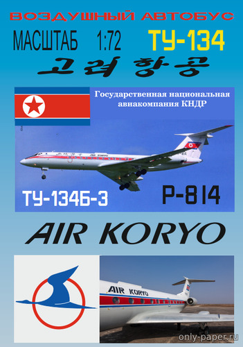 Модель самолета Ту-134Б-3 Air Koryo из бумаги/картона
