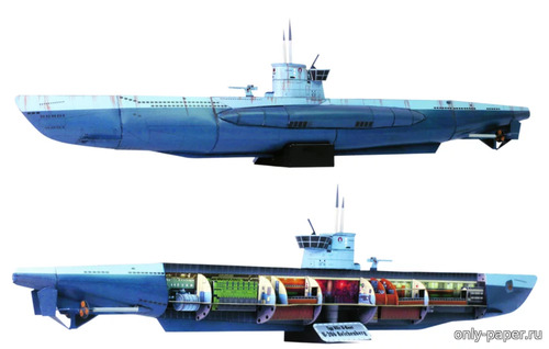 Сборная бумажная модель / scale paper model, papercraft Německá ponorka Typ VIIc U-206 Reichenberg (ABC 03/2023) 