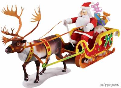 Модель Санта Клауса на санях в оленьей упряжке из бумаги/картона