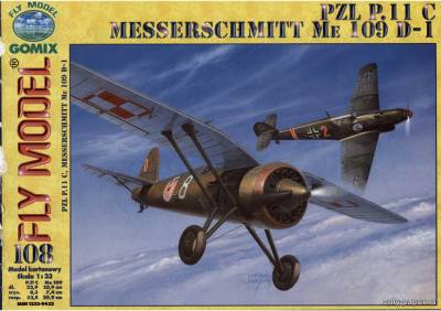 Сборная бумажная модель / scale paper model, papercraft PZl P-11c + Messerschmitt Me 109D-1 (Fly Model 108) 