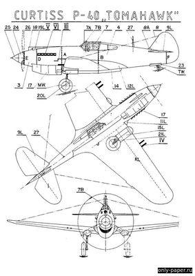 Сборная бумажная модель / scale paper model, papercraft Curtiss P-40 "Tomahawk" (PMI 102) 