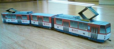 Сборная бумажная модель / scale paper model, papercraft Трамвай CKD Tatra KT8D5 (красно-бело-синяя окраска) [Petr Kudrej PK013 - Comfort] 