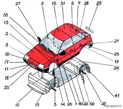 Модель автомобиля Шкода Фаворит 136 люкс из бумаги/картона