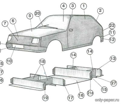 Модель автомобиля ЗАЗ-1102 Таврия из бумаги/картона