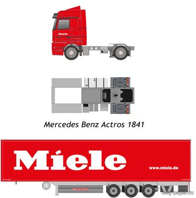 Сборная бумажная модель / scale paper model, papercraft Mercedes Benz Actros 1841 "Miele" + Scwartzmuller (Перекрас Kopibox-ZMK) 