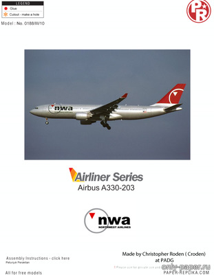 Сборная бумажная модель / scale paper model, papercraft Airbus A330-203 Northwest Airlines (Julius Perdana - Christopher Roden) 