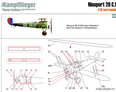 Сборная бумажная модель / scale paper model, papercraft AoE Rickenbacker Nieuport 28  (перекрас Kampfflieger) 