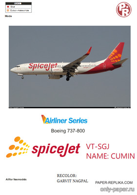 Модель самолета Boeing 737-800 SpiceJet из бумаги/картона