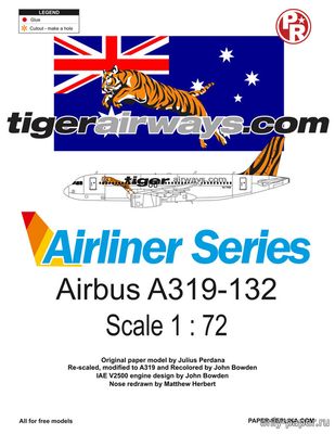 Сборная бумажная модель / scale paper model, papercraft Airbus A319-132 Tiger Airways (переработка Paper-Replika) 