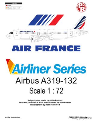 Сборная бумажная модель / scale paper model, papercraft Airbus A319-132 Air France (Переработка Paper-Replika) 