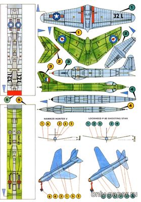 Сборная бумажная модель / scale paper model, papercraft Lockheed P-80 Shooting Star, Hawker Hunter V (ABC 1992-6) 