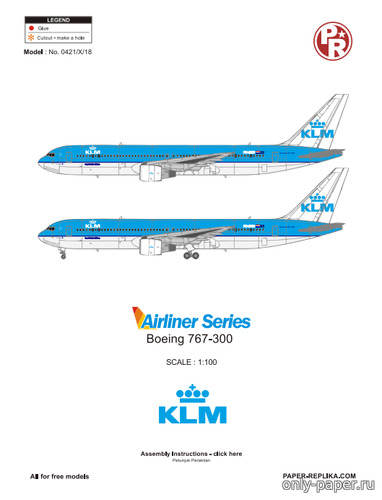 Сборная бумажная модель / scale paper model, papercraft Boeing 767-300 KLM (Julius Perdana - Christopher Roden) 