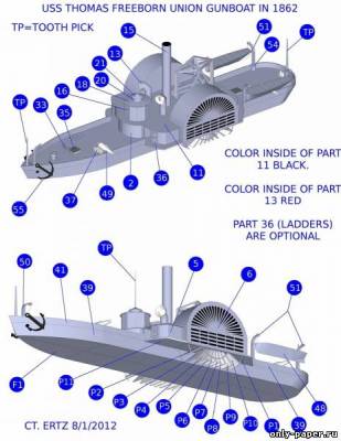 Сборная бумажная модель / scale paper model, papercraft USS Thomas Freeborn Union Gunboat 1862 (C.T.'s Paperclad Series 051) [Models n' Moore] 
