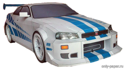 Модель автомобиля Nissan Skyline GT-R R34 из бумаги/картона