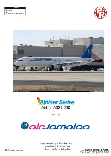 Сборная бумажная модель / scale paper model, papercraft Airbus A321 Air Jamaica (Перекрас Paper-replika) 