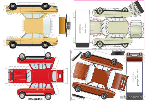 Сборная бумажная модель / scale paper model, papercraft 4 несложные модели-коробочки (Ford Escort, Renault 4, Citroen Ami 6, Mercedes W123) 