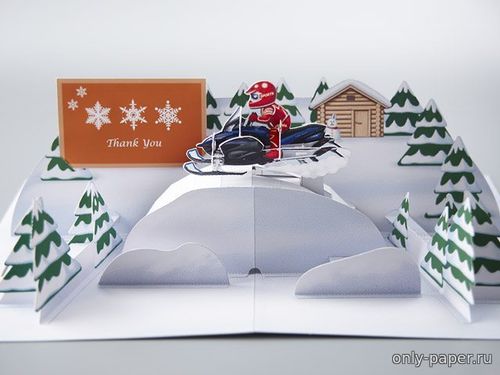 Модель объемной открытки со снегоходом из бумаги/картона