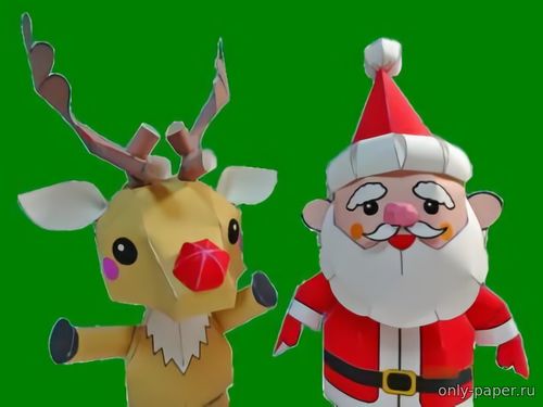 Сборная бумажная модель / scale paper model, papercraft Дед Мороз с оленем / Santa Claus and Reindeer 