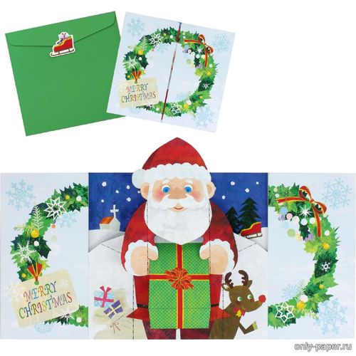 Сборная бумажная модель / scale paper model, papercraft Дед Мороз с подарком / Christmas Santa Card Set (Объемная открытка) 