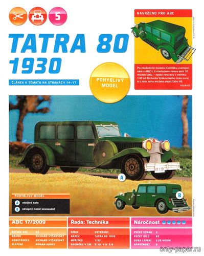 Сборная бумажная модель / scale paper model, papercraft Tatra 80 1930 г (ABC 17/2009) 