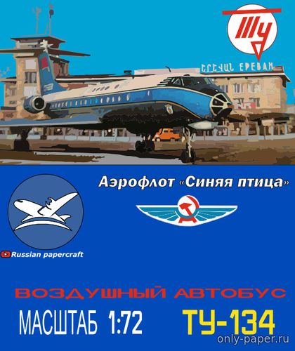 Модель самолета Ту-134 «Синяя птица» Аэрофлот 60-х из бумаги/картона
