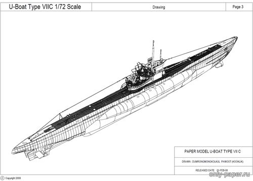 Модель подводной лодки тип VII C из бумаги/картона