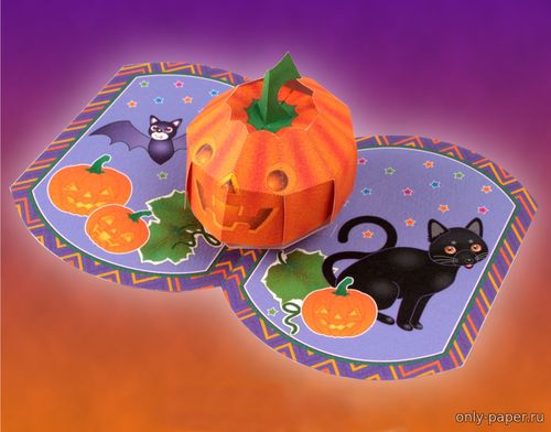 Сборная бумажная модель / scale paper model, papercraft Объемная открытка на Хэллоуин с фонариком из тыквы / Halloween Pumpkin Lantern Pop-Up Card 