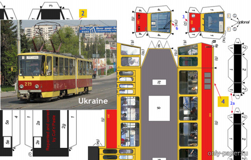 Модель трамвая CKD Tatra KT4Dm Винница (Украина) из бумаги/картона