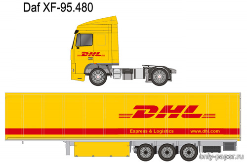 Модель тягача DAF XF-95 DHL с полуприцепом Schmitz из бумаги/картона