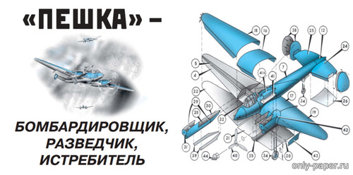 Сборная бумажная модель / scale paper model, papercraft Петляков Пе-2 / Pe-2 (Левша 05/2021) 