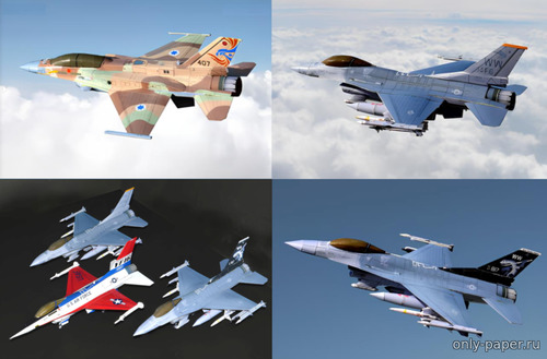 Сборная бумажная модель / scale paper model, papercraft General Dynamics F-16C/F-16I/F-16CJ/YF-16 Fighting Falcon - 5 вариантов (TSMC) 