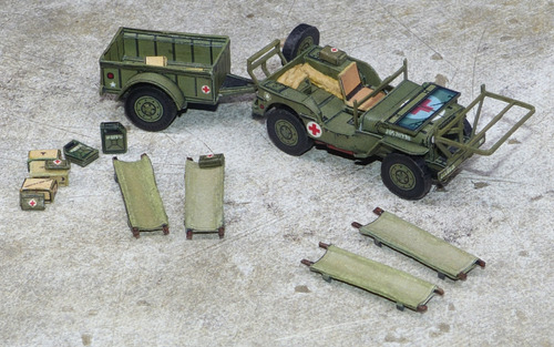 Сборная бумажная модель / scale paper model, papercraft Jeep Willys MB санитарный с прицепом M100 1/4 ton (R & P Models) 