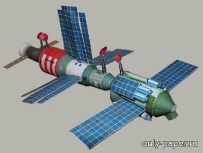 Сборная бумажная модель / scale paper model, papercraft Kosmos 1686 + Salut 7 + Sojuz T-15 (Bartek Biedrzycki) 