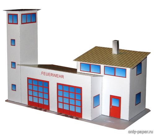Модель здания пожарной части из бумаги/картона