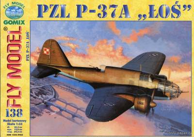 Модель самолета PZL P-37A Los из бумаги/картона