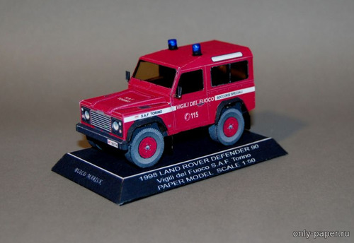 Сборная бумажная модель / scale paper model, papercraft Land Rover Defender 90 Пожарная Италия, Турин 1998 