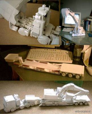 Сборная бумажная модель / scale paper model, papercraft Man TGA XXL + Liebherr 954 + Lowboy trailer 
