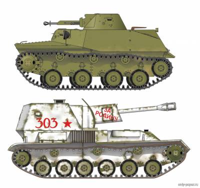 Сборная бумажная модель / scale paper model, papercraft SU-76 + T-40 (Bestpapermodels) 