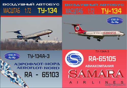 Сборная бумажная модель / scale paper model, papercraft Ту-134А-3 авиакомпаний "Самара" и  "Аэрофлот-Норд" (Векторный перекрас модели от DI-3) 