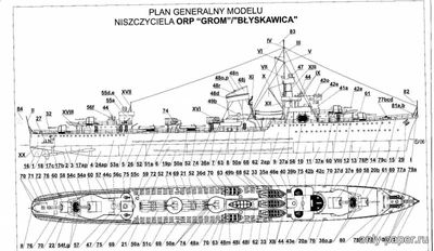 Модель эсминца ORP Grom / Blyskawica из бумаги/картона